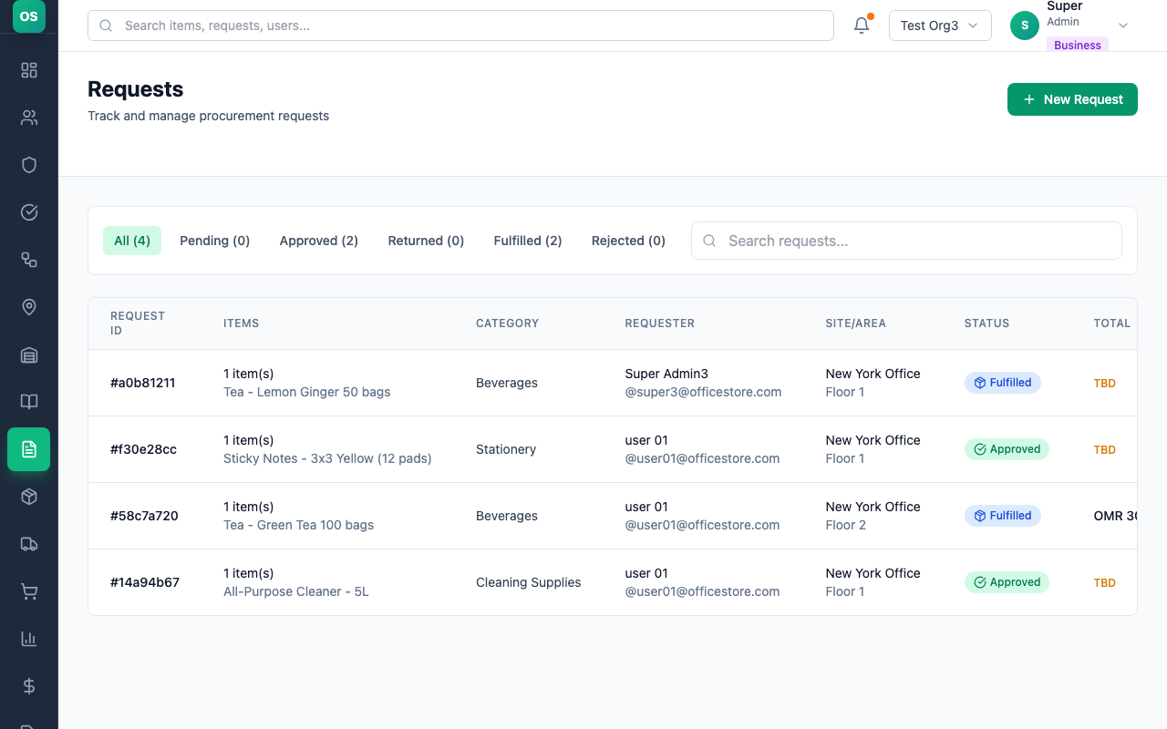 Request list with statuses